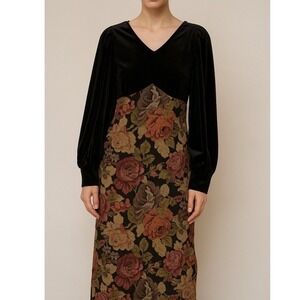 Black Velvet Tapestry Maxi Dress Floral Long Puff Slv Boho Dark Romantic Party
